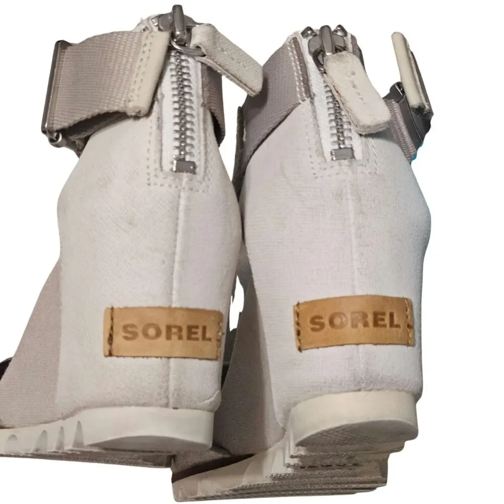 Cream Sorel Joanie Sandal Leather Wedge Heels Ankle Strap Open Toe Size 6.5